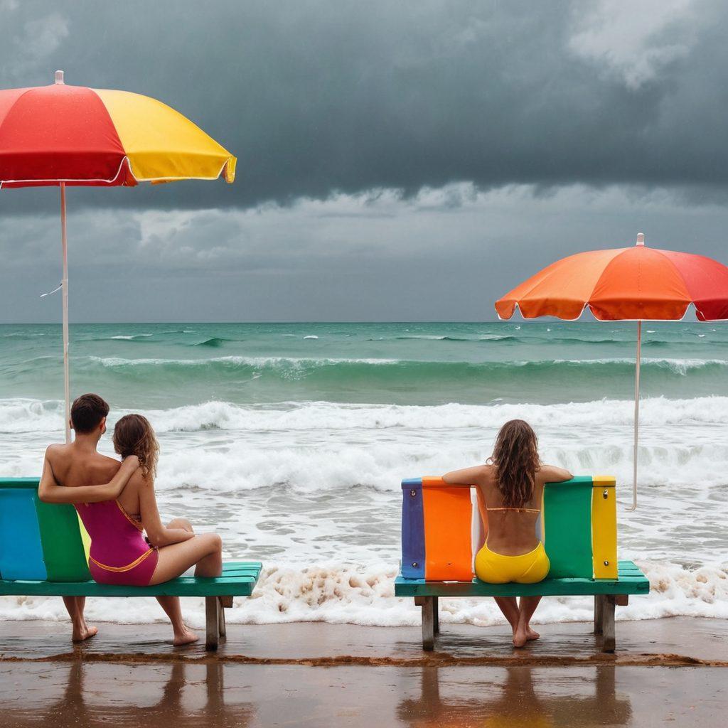 A split scene showing two contrasting images: one side depicts a joyful summer beach setting with people in colorful two-piece swimsuits enjoying the sun, while the other side shows a moody, rainy day with individuals in subdued colors, reflecting on a bench. Soft waves crashing and umbrellas flapping create movement. Emphasize the paradox between joy and sadness. vibrant colors. surreal style.