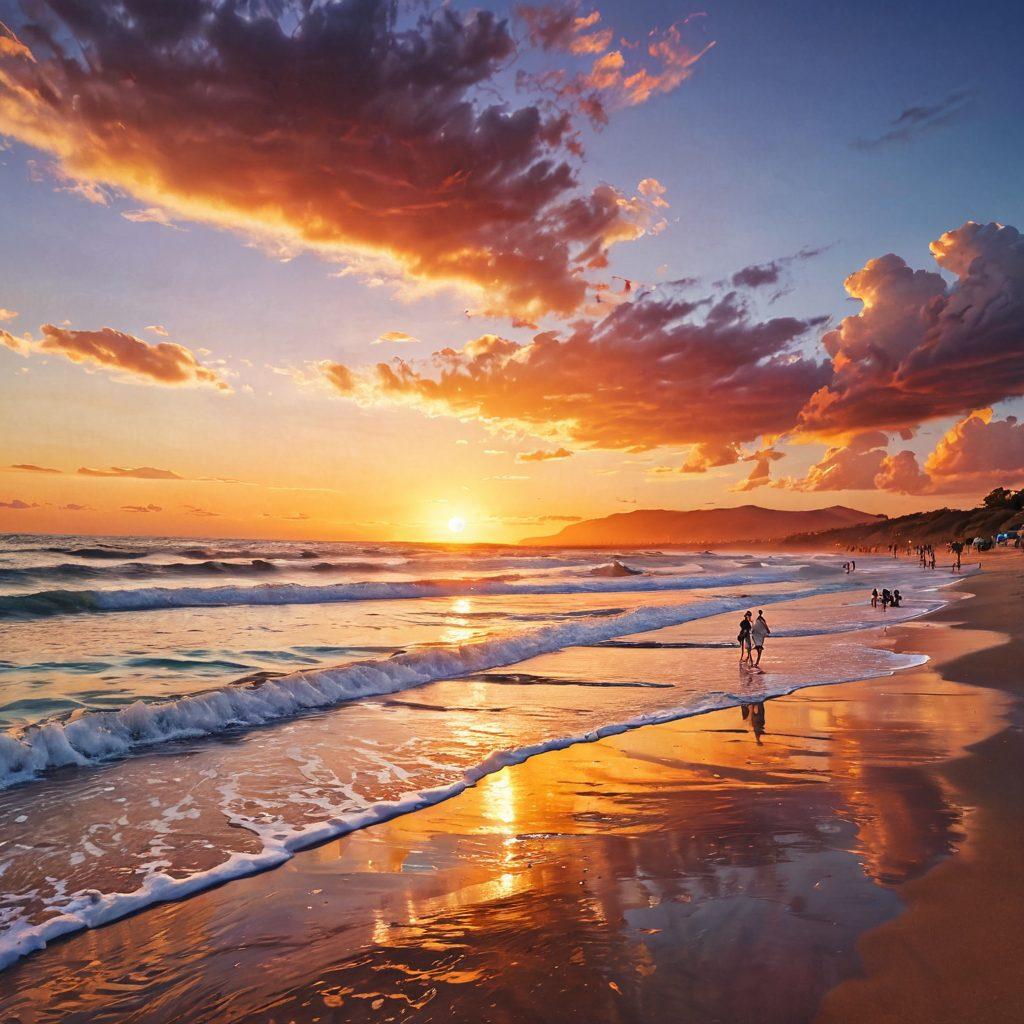 A vivid summer scene featuring a picturesque beach with vibrant colors, where a group of people in stylish swimwear are caught in moments of joy intertwined with a hint of melancholy, capturing the contrast between laughter and solitude. Gentle waves lap at the shore while the sun sets in warm hues, reflecting the blend of happiness and introspection. The imagery should evoke a sense of nostalgia and deep emotion. super-realistic. vibrant colors. 3D.